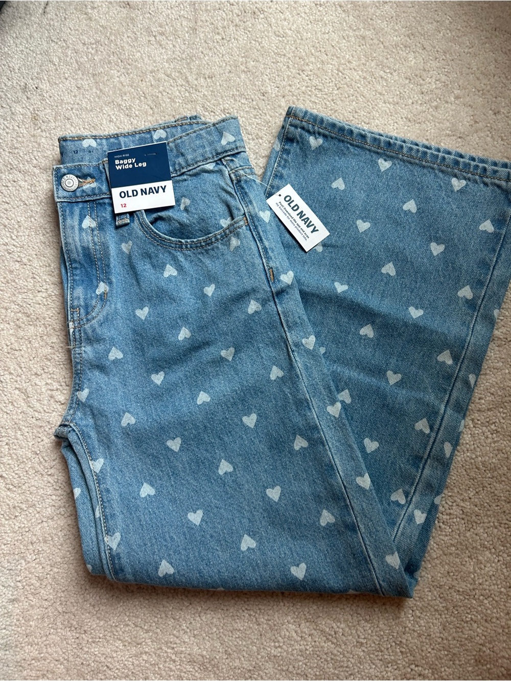 NWT Old Navy Girl’s Light Blue Heart Print Baggy Wide-Leg Jeans